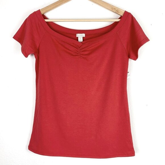 Hinge Top Medium Top Ruched Neckline Short Sleeve Red Pink Nordstrom NEW - Picture 1 of 5